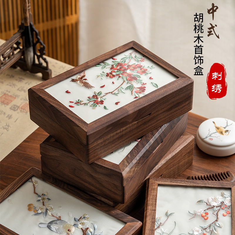 胡桃木刺繡首飾收納盒實木高檔精緻新中式珠寶戒指盒結婚生日禮物