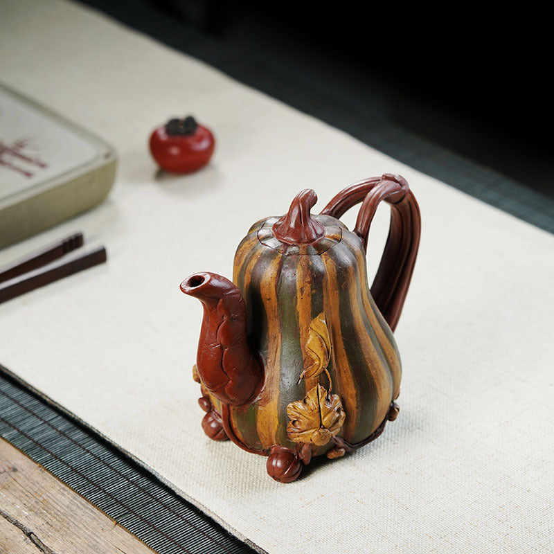 原礦紫砂南瓜彩繪多子多福筋紋壺茶具