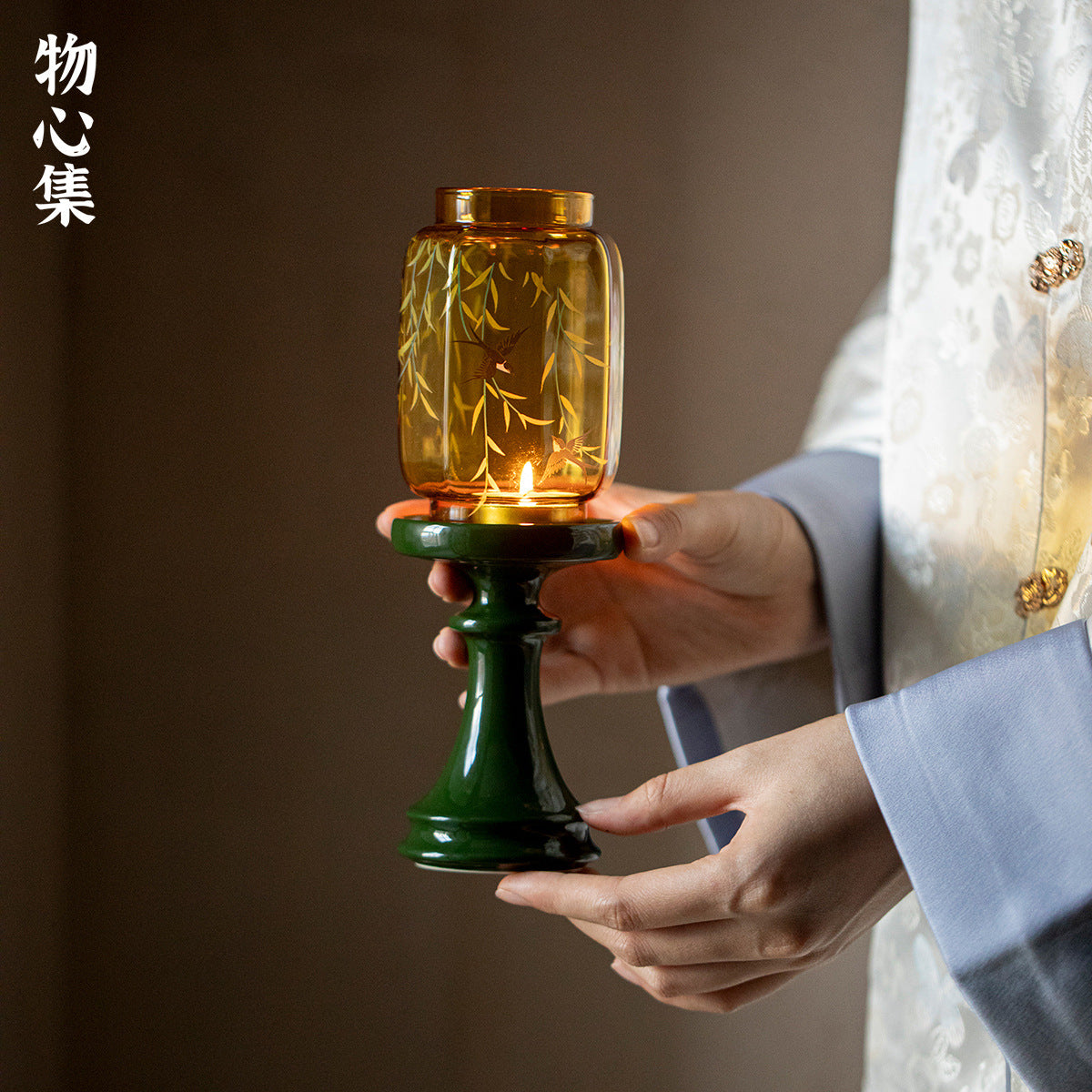 新中式玻璃祖母綠燭台 燕歸氛圍燈 香薰蠟燭 茶道配件 桌面擺件