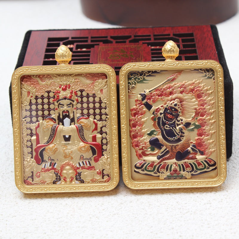 龍五爺唐卡吊墜黃銅鎏金五爺八大守護神雙面立體唐卡吊墜掛件墜子