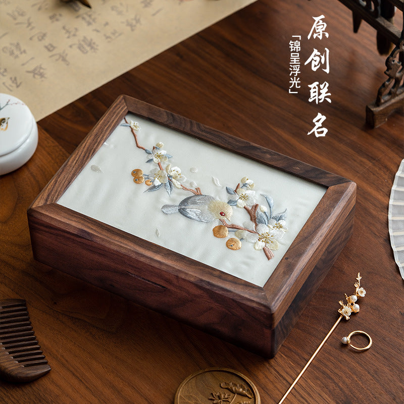 胡桃木刺繡首飾收納盒實木高檔精緻新中式珠寶戒指盒結婚生日禮物