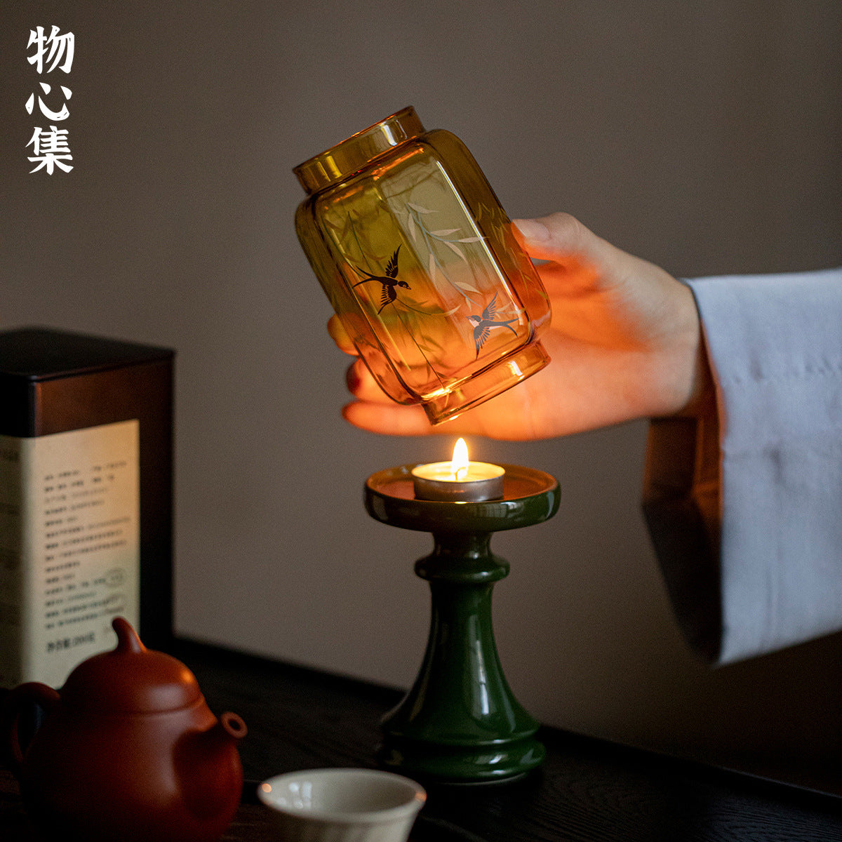 新中式玻璃祖母綠燭台 燕歸氛圍燈 香薰蠟燭 茶道配件 桌面擺件