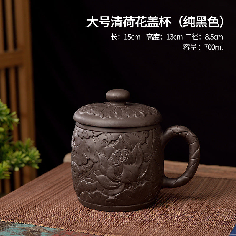 大容量中式宜興紫砂杯家用陶瓷朱泥蓋杯蓮花龍杯茶杯辦公水杯帶蓋