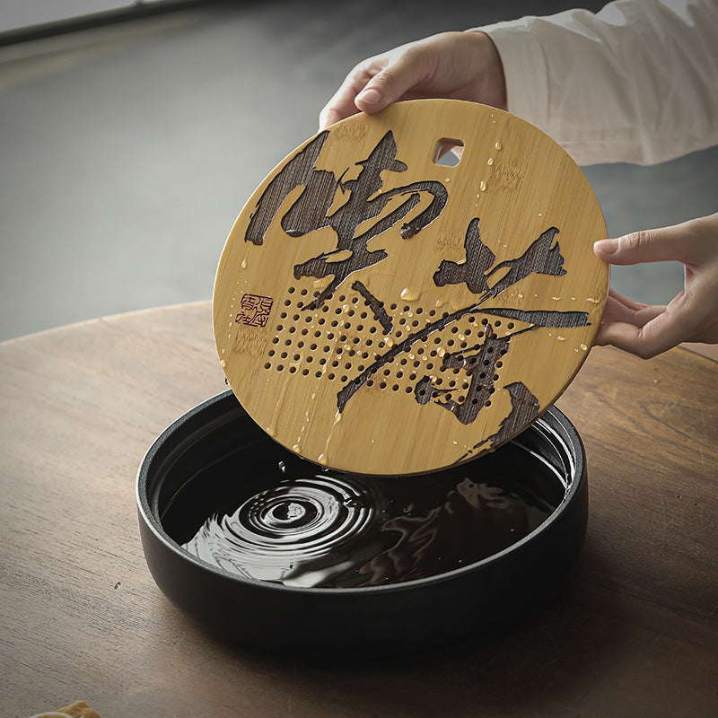 國潮中式陶瓷茶盤家用小型儲水盤竹制圓形瀝水茶臺幹泡臺
