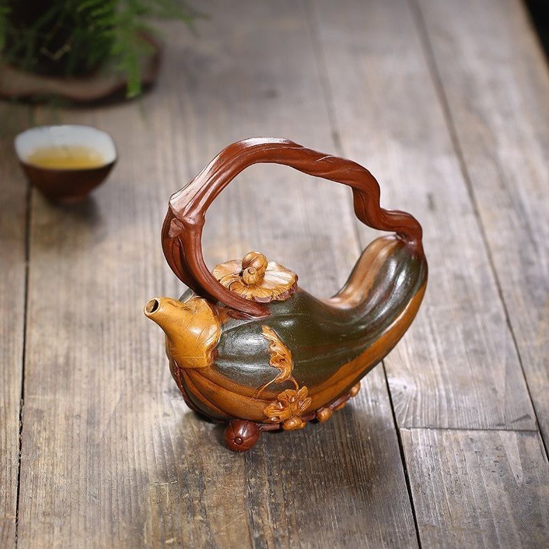 紫砂壶原矿红泥粉浆南瓜提梁壶仿生器紫砂茶壶雨中砂茶具