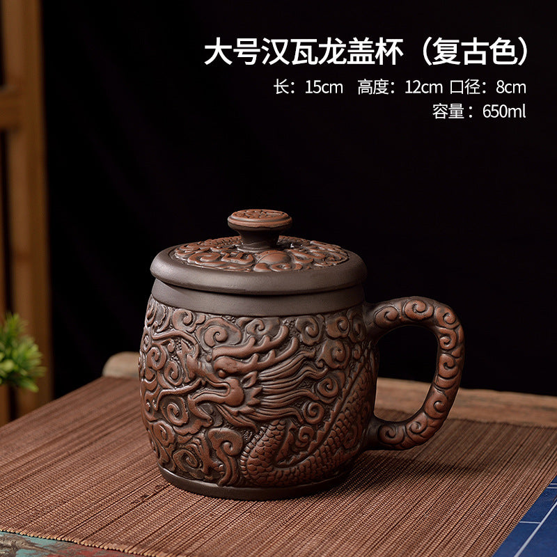 大容量中式宜興紫砂杯家用陶瓷朱泥蓋杯蓮花龍杯茶杯辦公水杯帶蓋