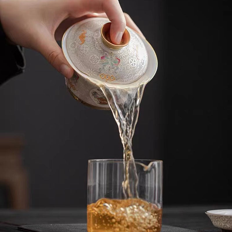 銀掐絲三才蓋碗高檔陶瓷敬茶杯珐琅滿彩復古茶具泡茶碗單個禮盒裝