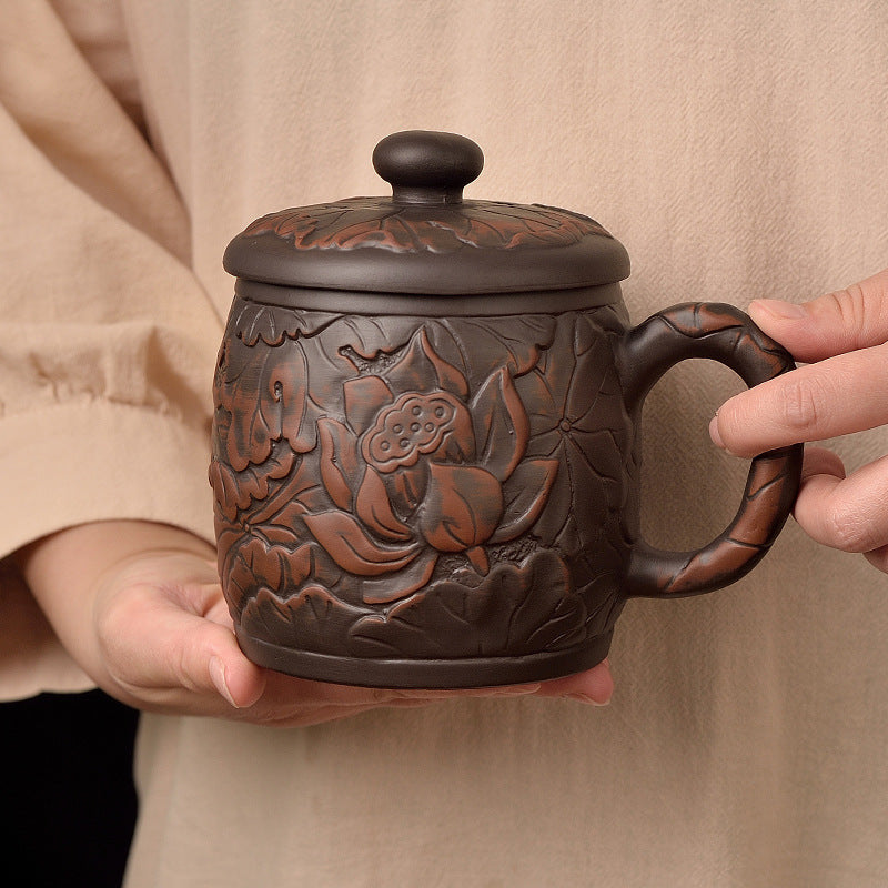 大容量中式宜興紫砂杯家用陶瓷朱泥蓋杯蓮花龍杯茶杯辦公水杯帶蓋
