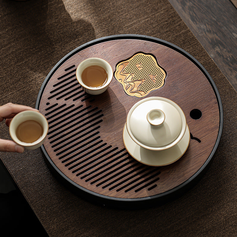 江山竹面茶盤家用簡約圓形茶臺茶託盤幹泡臺功夫茶具茶海儲水式