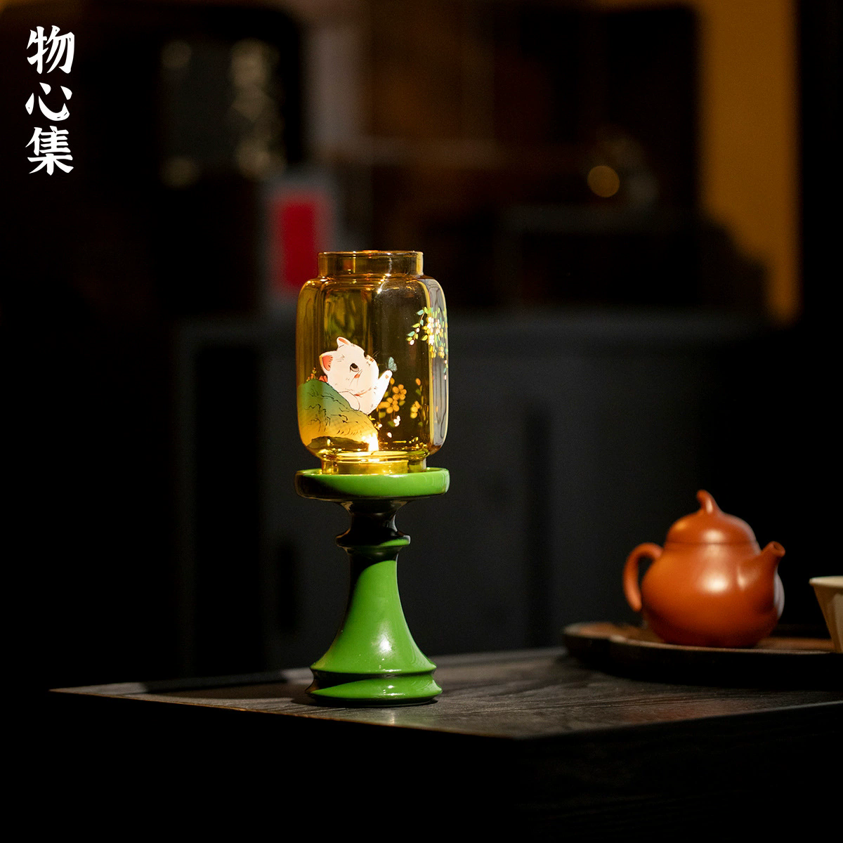 新中式玻璃祖母綠燭台 燕歸氛圍燈 香薰蠟燭 茶道配件 桌面擺件