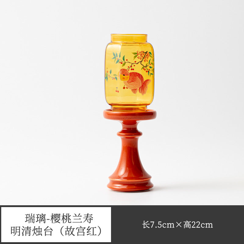 新中式玻璃祖母綠燭台 燕歸氛圍燈 香薰蠟燭 茶道配件 桌面擺件