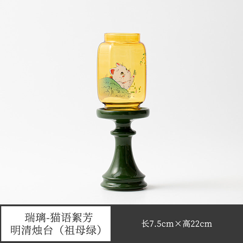 新中式玻璃祖母綠燭台 燕歸氛圍燈 香薰蠟燭 茶道配件 桌面擺件