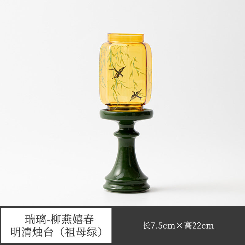 新中式玻璃祖母綠燭台 燕歸氛圍燈 香薰蠟燭 茶道配件 桌面擺件