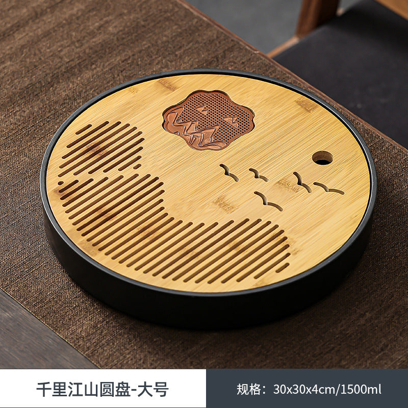 江山竹面茶盤家用簡約圓形茶臺茶託盤幹泡臺功夫茶具茶海儲水式